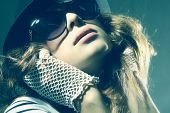 stock photo of beauty  - Fashion portrait of a beautiful young sexy woman wearing sunglasses - JPG 