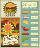 picture of illustration  - Retro Design of Burgers Menu Big Hamburger with Ingredients and place for Price in Vintage Style - JPG 