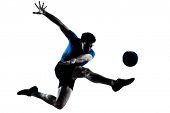 pic of man  - one caucasian man flying kicking playing soccer football player silhouette  in studio isolated on white background - JPG 