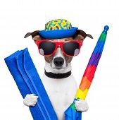 stock photo of holidays  - dog summer holidays umbrella and towel and hat - JPG 