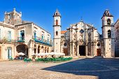 stock photo of religion  - The Cathedral of Havana and the famous nearby square on a beautiful day - JPG 