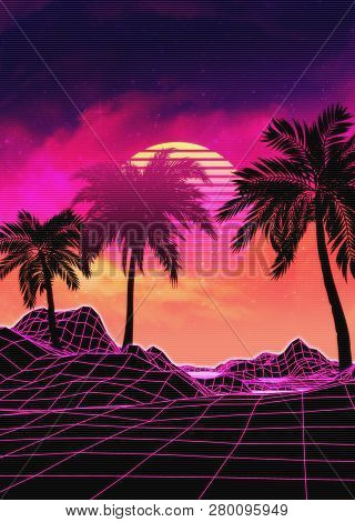 Poster: Neon Glowing Grid Rocks And