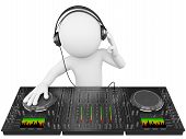 stock photo of headphones  - 3d white person disc jockey with a mixer and headphones - JPG 