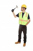 picture of construction worker  - A construction worker hammers something isolated on white so you can decide what - JPG 