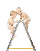 picture of competition  - Two babies climbing on stepladder and fighting for first place over white background - JPG 