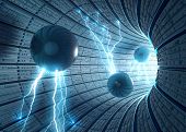 stock photo of science  - Inside an abstract tunnel with electric spheres - JPG 