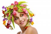 pic of beauty  - beauty woman portrait with wreath from flowers on head over white background - JPG 