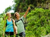 stock photo of outdoor  - cute couple have fun together outdoors on a hike - JPG 
