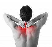 stock photo of health  - Rear view of a young man holding her neck in pain isolated on white background monochrome photo with red as a symbol for the hardening - JPG 