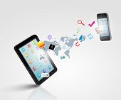 foto of technology  - Modern communication technology illustration with mobile phone and high tech background - JPG 