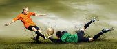 image of competition  - Shoot of football player and goalkeeper on the outdoors field - JPG 