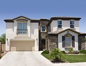 stock photo of blue sky  - Beautiful modern new home with blue sky - JPG 