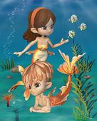 stock photo of toon  - Cute toon style mermaid and merman with goldfish scales in an underwater scene - JPG 