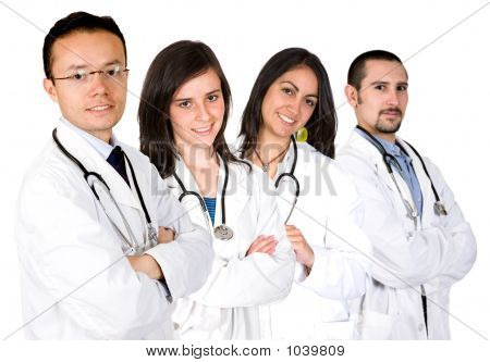 Picture or Photo of Medical team with male and female doctors over a white background