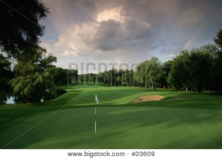 Picture or Photo of A fairway leads to a green on the golf course at the interlachen country club.  edina, minnesota.