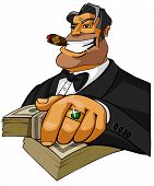 foto of money  - Cartoon illustration of happy man in tuxedo with heap of money on a white background - JPG 
