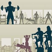 picture of gym  - Two editable vector silhouettes of people exercising in a gym - JPG 