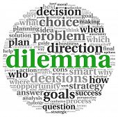 stock photo of dilemma  - Dilemma and decision making concept in tag cloud on white background - JPG 