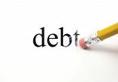 picture of debt  - The word debt written on white with the end of a pencil erasing the black letters showing eraser marks making a great concept - JPG 