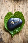 stock photo of soul  - a healing stone with the word soul lying on a green leaf over an old wood like a concept of care about our spiritual side with natural source - JPG 