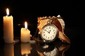 picture of watch  - Vintage pocket watch near lighting candles and shell - JPG 