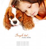 stock photo of dog  - little girl 5 years old and the dog isolated on a white background - JPG 