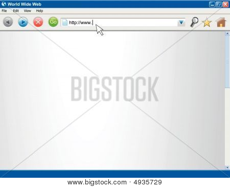 Picture or Photo of A blank computer internet browser screen. There are several icons/buttons. The beginning of an internet address is being typed out. Perfect for adding your website into.