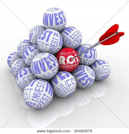 Picture or Photo of A pyramid of balls marked Invest and an arrow targeting one with the words Return on Investment symbolizing the need to target the best investing strategy
