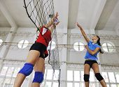 stock photo of sports  - volleyball game sport with group of girls indoor in sport arena
 - JPG 