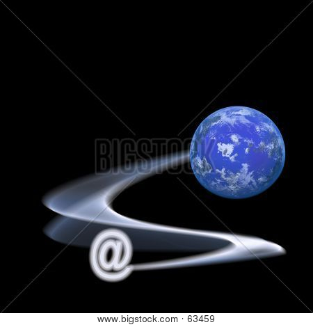Picture or Photo of Internet symbol with computer generated planet. Concepts: speedy communications, inter planetary messagaes, communications anywhere.