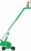stock photo of construction worker  - A Green Cherry Picker High Lift Platform with Construction Worker - JPG 