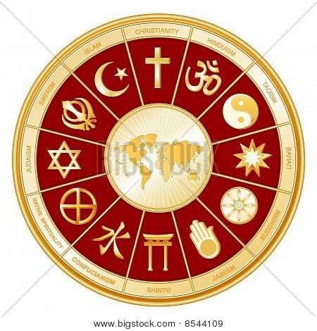 Picture or Photo of World Map with 12 global religions & titles in a red & gold medallion: Judaism, Sikhism, Islam, Christianity, Hinduism, Taoism, Baha
