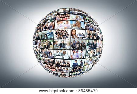 Picture or Photo of A globe is isolated on a white background with many different business people