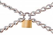 stock photo of locking  - Locked padlock with silver chains in cross - JPG 