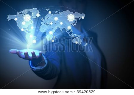 Picture or Photo of Blue global technology background with the planet Earth map