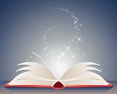 foto of spell  - an illustration of a bright red magic book of spells open on a table with stars and sparkles on a dark blue background - JPG 