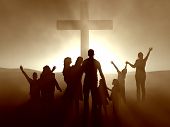 stock photo of religion  - Silhouettes of family and people at the cross of Jesus - JPG 