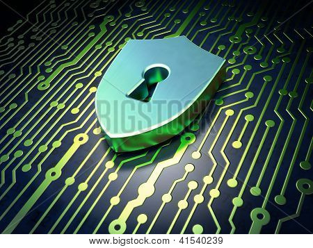 Picture or Photo of Security concept: circuit board with Shield With Keyhole icon, 3d render