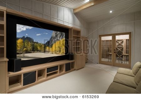 Picture or Photo of Home theater with wine tasting room big screen wood cabinetsphoto on screen is one of my shots from yosemite