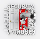 picture of security  - An open door with hands holding guns surrounded by words like cyber - JPG 