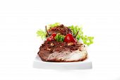 foto of over white  - served beef steak on ceramic plate over white - JPG 