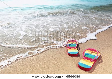 Picture or Photo of Summer vacation concept--Flipflops on a sandy ocean beach