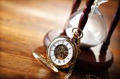 foto of watch  - Hour glass or sand timer with vintage pocket watch - JPG 