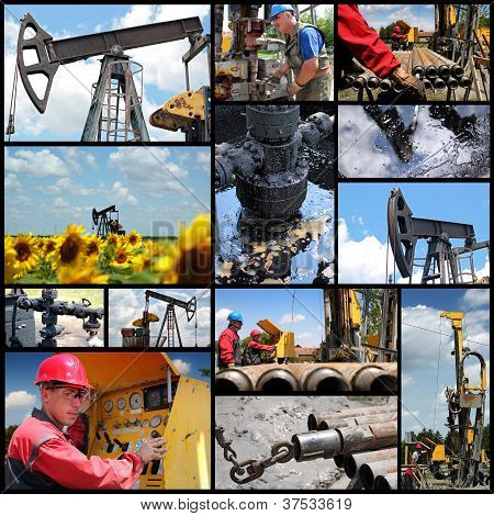 Picture or Photo of Industrial collage showing workers at work on oil and gas exploration and production.