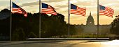 pic of buildings  - United States Capitol building silhouette and US flags around Washington Monument at sunrise  - JPG 