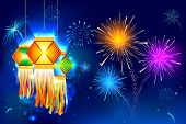 foto of religion  - illustration of hanging lantern with firework in diwali night - JPG 
