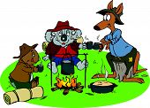 stock photo of animals  - Three Australian animals camping making tea and damper - JPG 