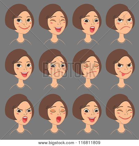cartoon style caucasian girl s faces vector set of different