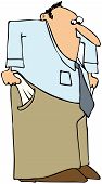 image of money  - This illustration depicts a businessman pulling out the insides of his pockets to show that he has no money - JPG 