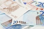 stock photo of currency  - Closeup of Eurozone currency in different values - JPG 